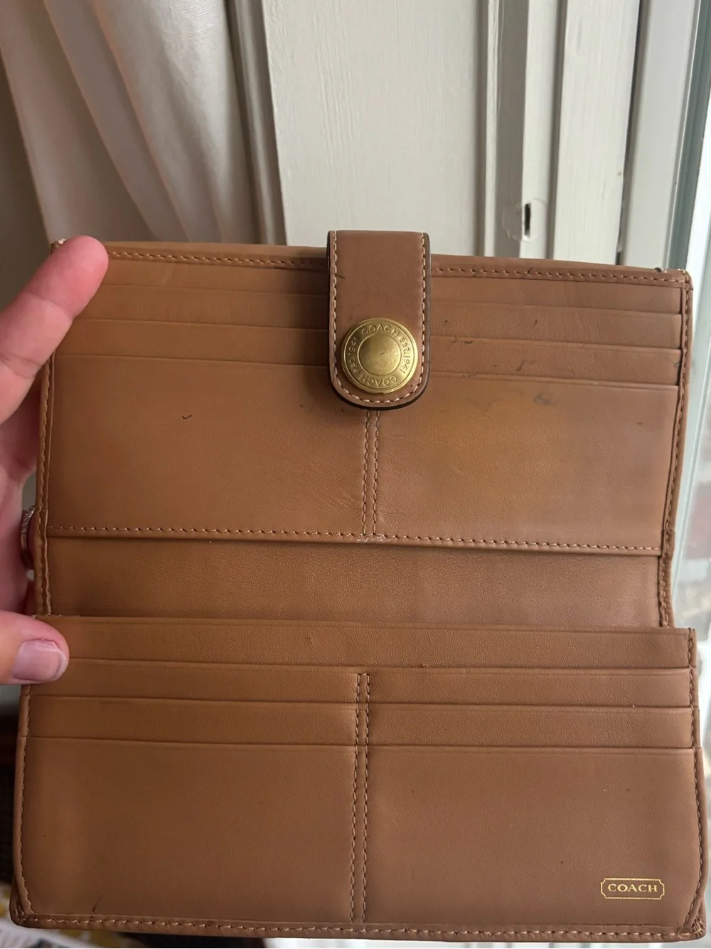 Coach Signature C Stripe Bifold Wallet Tan Leather & Brown Canvas Check Wallet
